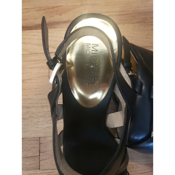 Michaell Kors Shoes Sandals Black Wedge Platform 10 Leather Strappy - Picture 2 of 13
